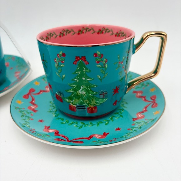 Monterey Bay Fine Porcelain Christmas Tree Teacup Saucer Set Teal Pink Gold - Picture 7 of 7